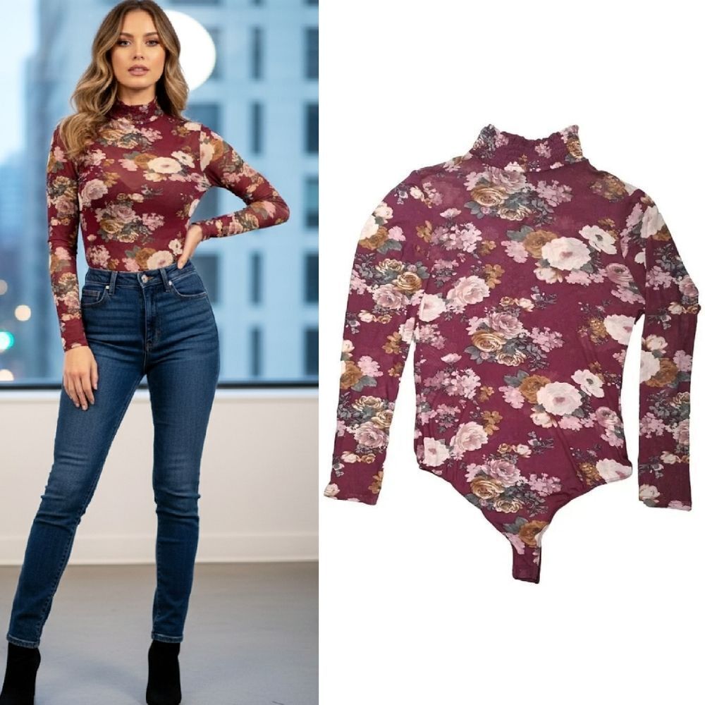 Cleo Burgundy Floral Mock Neck Long Sleeve Sheer Bodysuit Medium